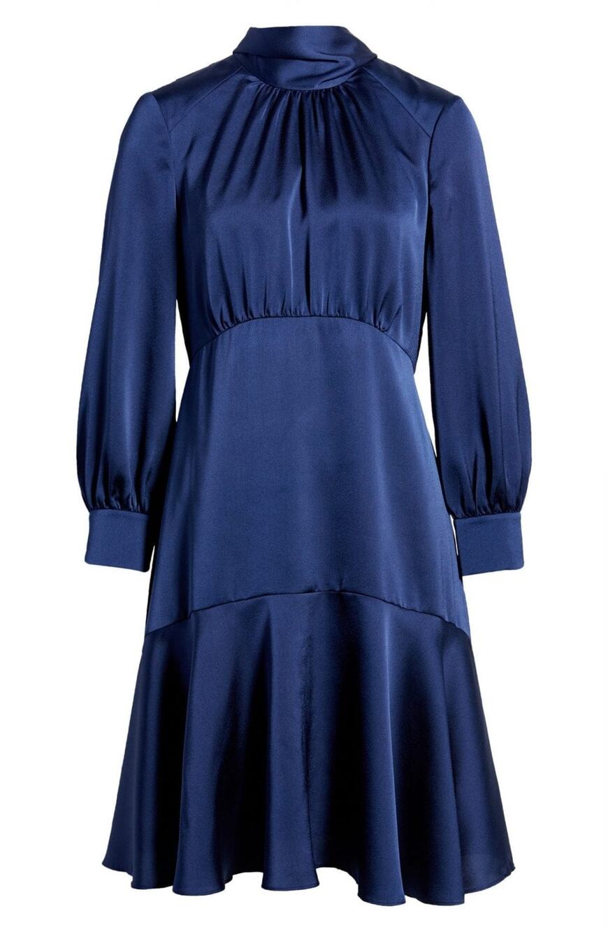 Eliza J High Neck Shirred Long Sleeve Blue Jewel Neck Tie Satin Dress